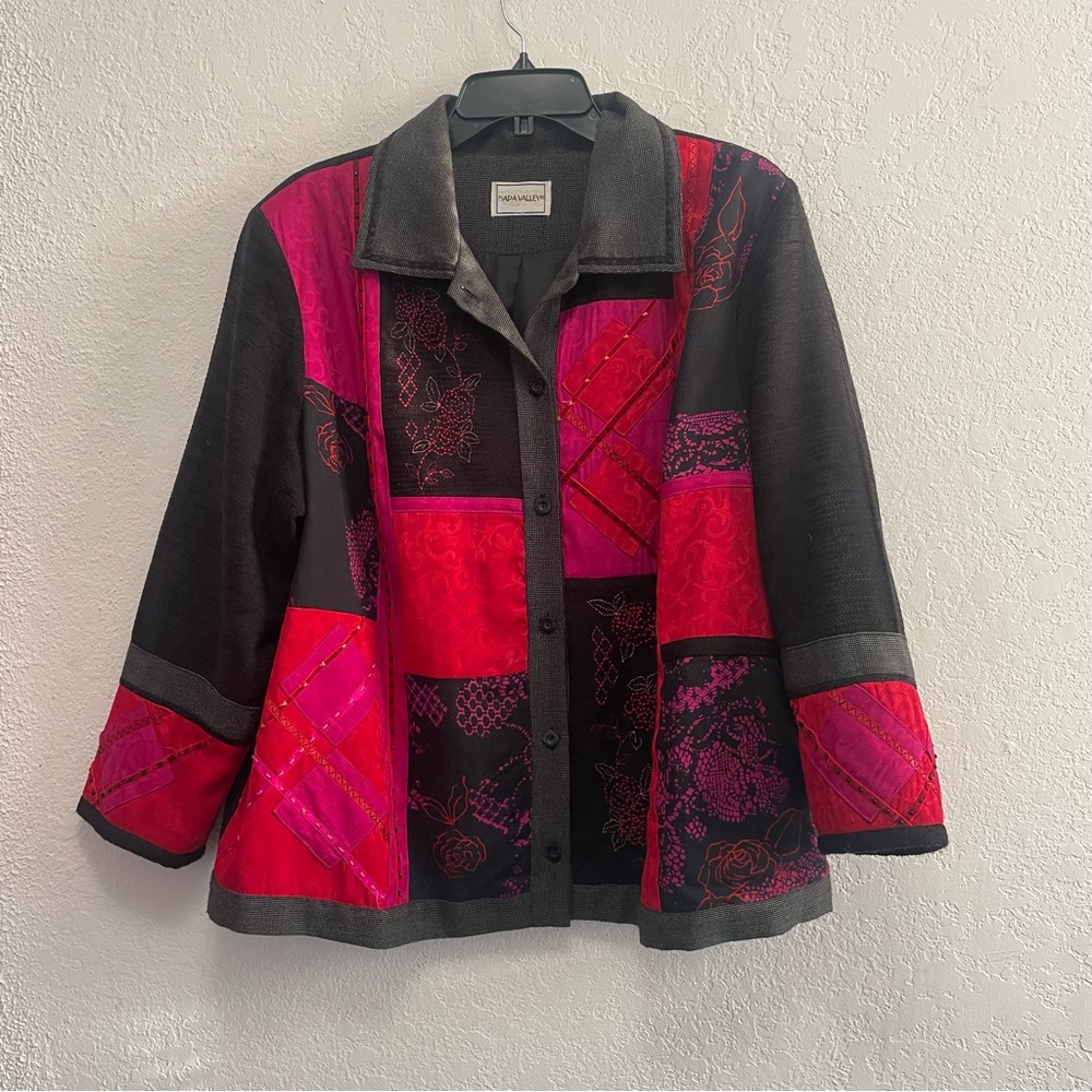 Vtg. Napa Valley Jacket Womens Size 1X Red Black Pink Mixed Media Art Patchwork